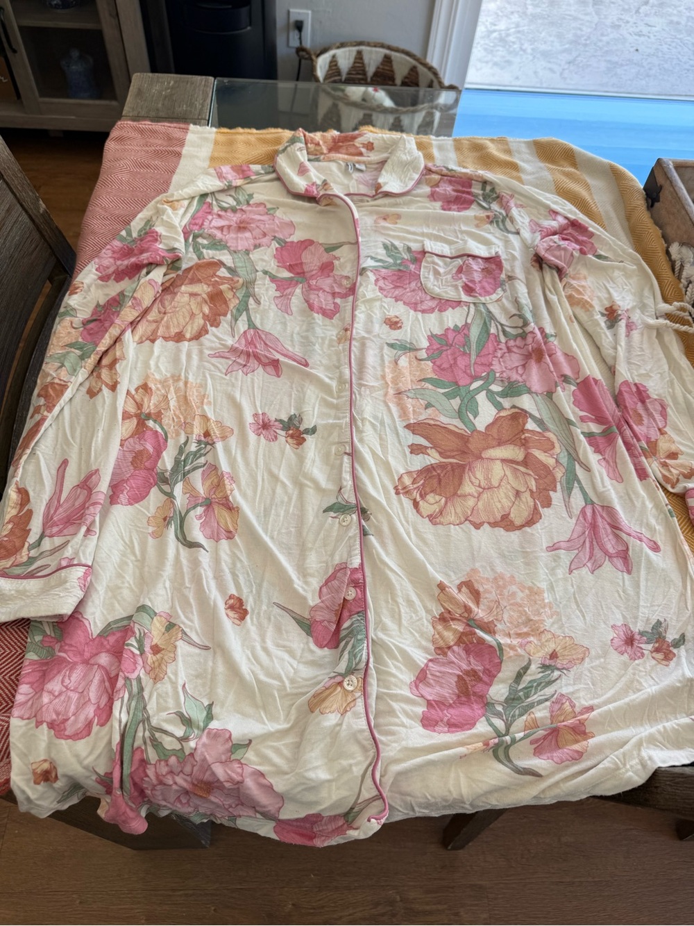 Nordstrom Cream Floral Button-Up Pajama Gown with Pink & Peach Blooms Modal